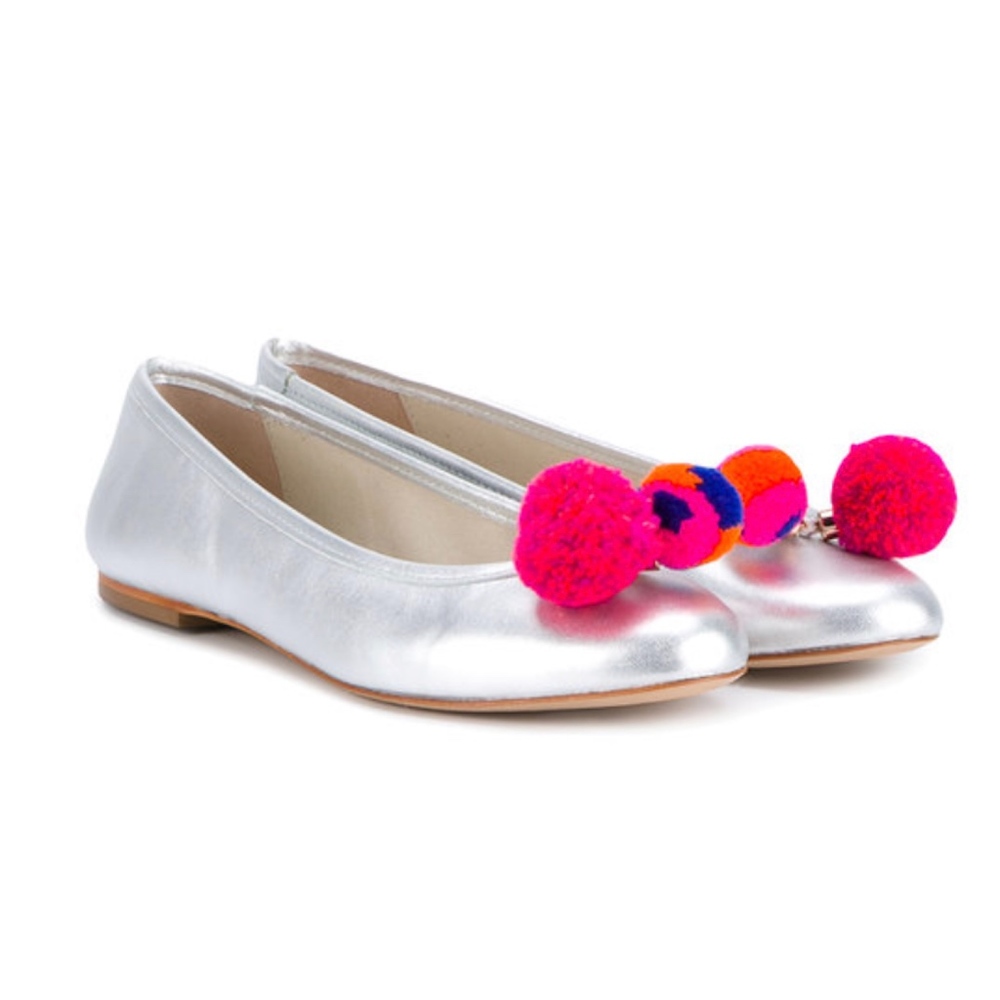 New Sophia Webster Bo Pom Pom Flats Silver